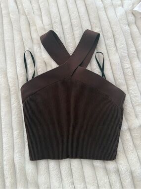 Babaton Dark Brown Ribbed Crisscross Crop Top